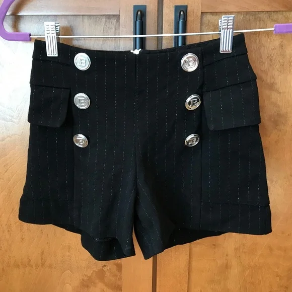 BALMAIN BLACK SHIMMERING PINSTRIPE SHORTS - Picture 2 of 16